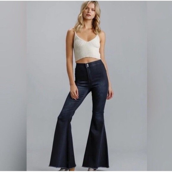 Umgee Women’s Flare Bell Bottom High Rise‎ Dark Blue Raw Hem  Women’s Jeans SZ 7 - Picture 12 of 12